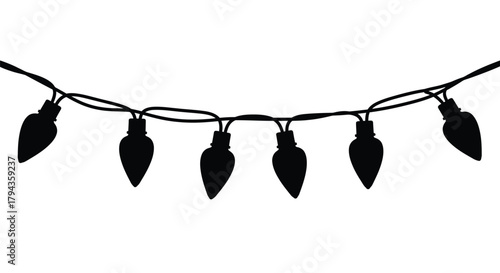 A black and white silhouette of decorative christmas lights strung together