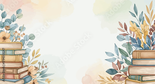 Artistic watercolor background banner with vintage books and botanical floral elements
