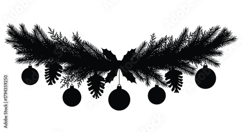 Festive black and white silhouette of evergreen boughs with hanging ornaments