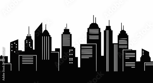 Modern City Skyline Silhouette Black and White.