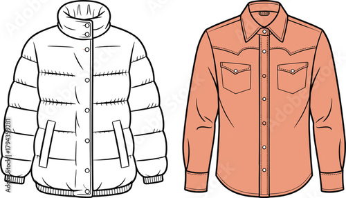 Puffer jacket and button-up shirt illustration, garment comparison, fashion sketch, outerwear design, clothing template, apparel mockup, stylish outfitPuffer 