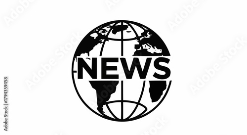 Monochrome global news logo with world map illustration.