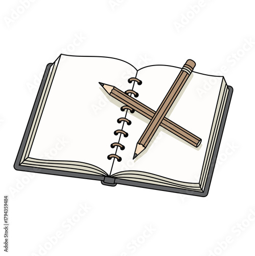 Open sketchbook with colored pencils resting on blank pages  