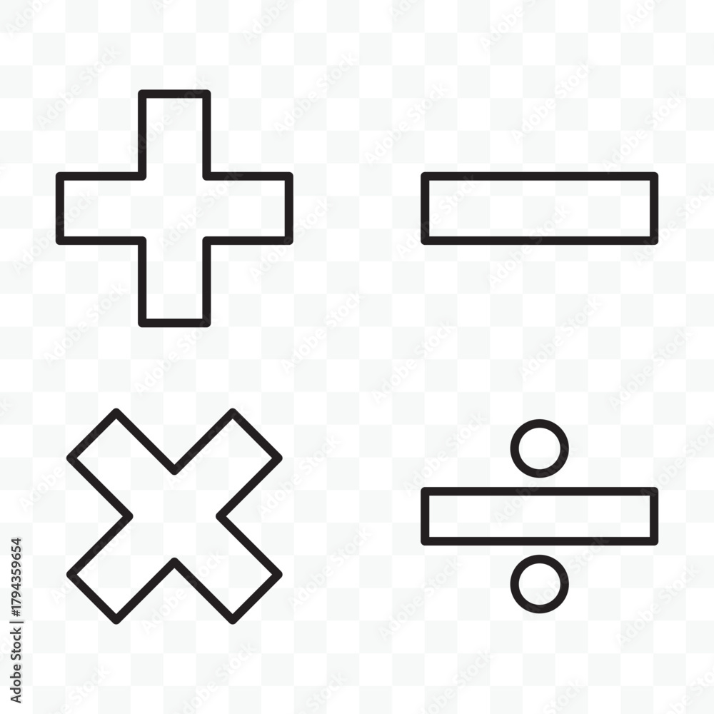 Fototapeta premium Calculator vector key isolated on white background. Addition, subtraction. Mathematical symbols icon. Calculator, math icon. Vector pictogram. Math symbols icon set.