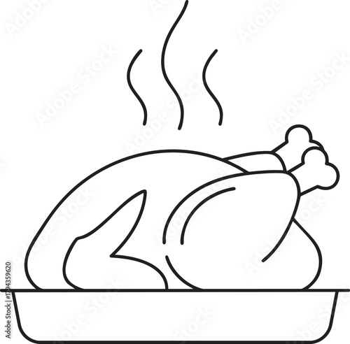 Minimalist line drawing of a steaming hot roasted turkey on a platter.