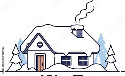 Cozy winter house covered in snow with smoke coming from the chimney design