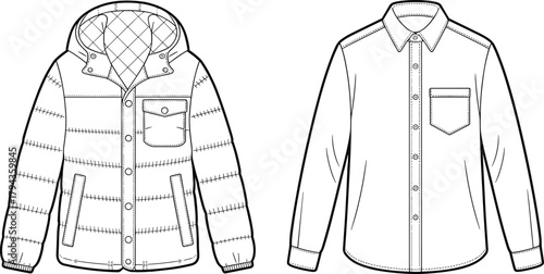 Quilted jacket sketch, button-up shirt drawing, chest pocket, flap closure, fashion cad illustration, vector garment design, cad drawing flat vector illustration