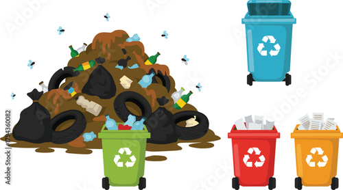 "Garbage pile with recycling bins, waste segregation, pollution control, eco-friendly lifestyle, trash 