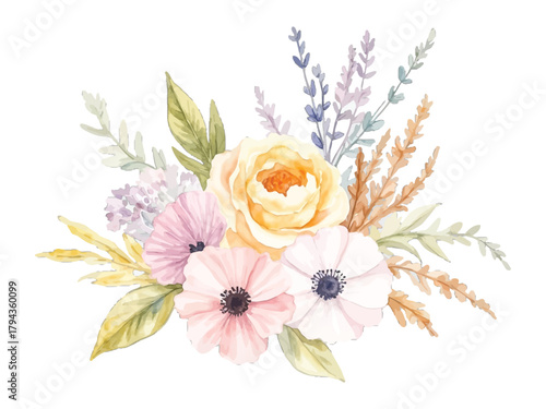 Watercolor floral bouquet with rose, anemone, and lavender, transparent background, vector, illustration