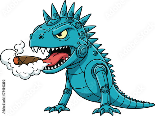 Robotic dinosaur cartoon illustration, futuristic mechanical creature design, blue cyber dino with cigar, sci-fi character art, cad drawing flat vector illustration