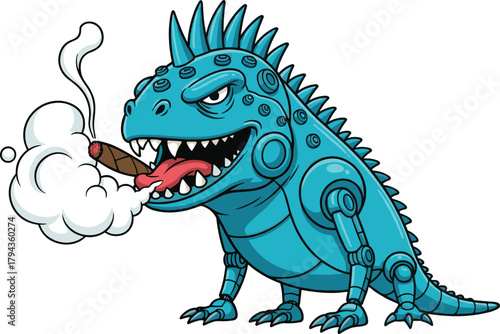 Robotic lizard cartoon with cigar, mechanical dinosaur creature, futuristic cyber reptile design, humorous comic art, surreal vector illustration drawing