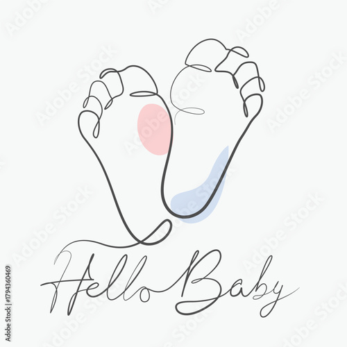Baby Birth Greeting Cards one line drawing. Baby feet single line illustration. Baby new born minimalist line art