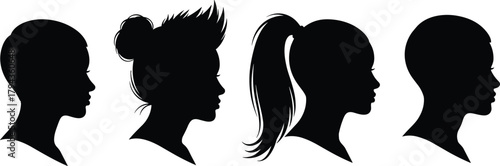 Silhouette, hairstyle, diversity, profile, black, head, avatar, fashion, identity, ponytail, bun, short hair, texture, design, concept, people, woman, beauty, modern, minimal