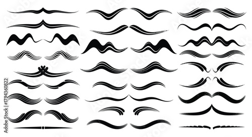 A collection of various black mustache shapes and styles arranged on a white background