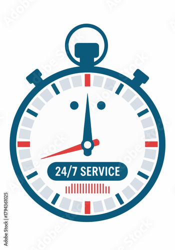 24/7 Service Stopwatch vector icon for fast delivery and constant customer support isolated on white