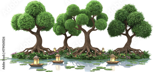 Beautiful fantasy mangrove trees with roots growing in water surrounded by floating lanterns and lily pads, peaceful magical forest nature vector illustration