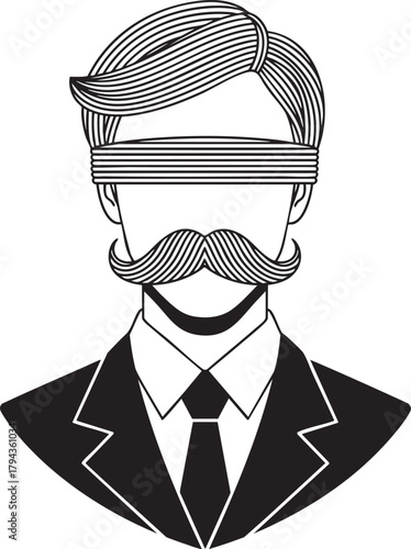 Stylized black and white illustration of a blindfolded man with a large handlebar mustache and combed hair.