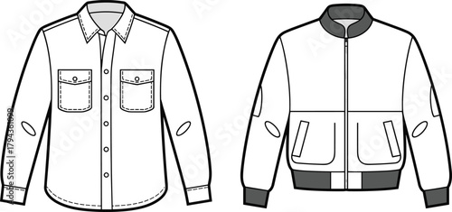 Shirt jacket sketch, bomber jacket drawing, flap pockets, zipper front, button closure, fashion cad illustration, vector garment design, cad drawing flat vector illustration