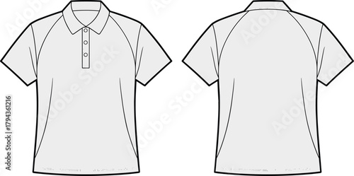 Short sleeve polo shirt front and back view, raglan sleeve fashion sketch, vector apparel template, casual clothing design illustration
