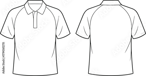 Short sleeve polo shirt front and back view, raglan sleeve fashion sketch, vector apparel template, casual clothing design illustration