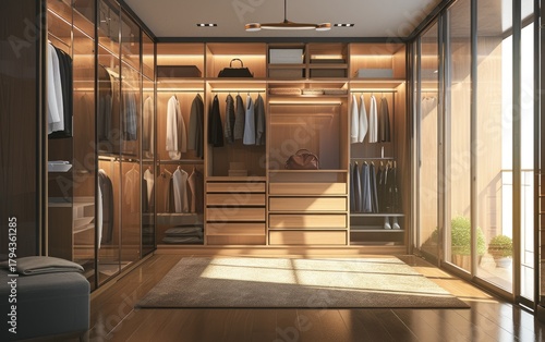 Sunlit modern walk-in closet features a wooden design, glass doors, and ample storage space for clothing and accessories.