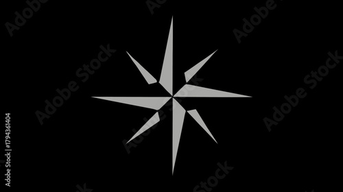 Stylized Geometric Compass Rose or Starburst Symbol on Black Background. Modern Abstract Navigation Direction Element Graphic.