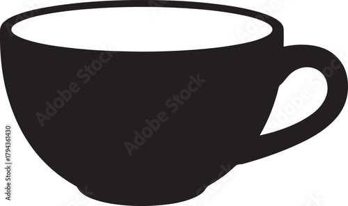 Black vector silhouette of a coffee cup with a handle, ideal for hot beverages like tea or coffee, isolated icon symbol