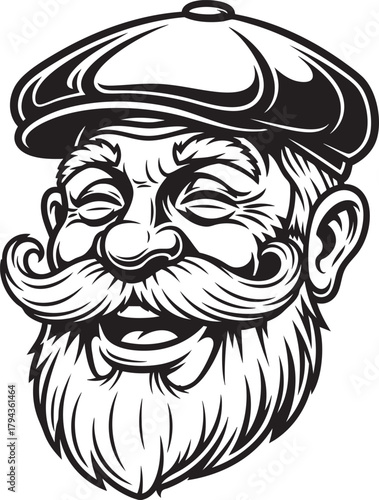 Vintage illustration of a laughing old man with a bushy beard handlebar mustache and a classic flat cap.