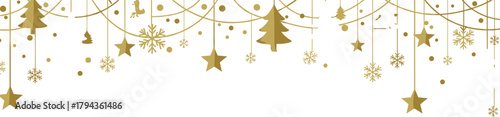 Golden Christmas hanging decorations border background, festive stars snowflakes and trees ornament design, elegant winter holiday celebration frame illustration
