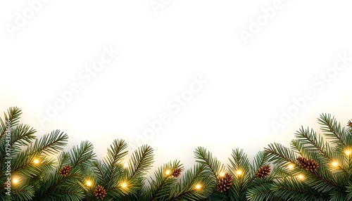 A white background with a Christmas-themed border of pine branches and warm lights, suitable for holiday greeting cards, banners, and festive designs.