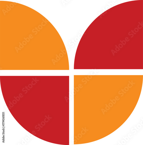 Abstract geometric design composed of four quarter circles in alternating orange and red colors, forming a symmetrical layout on a white background