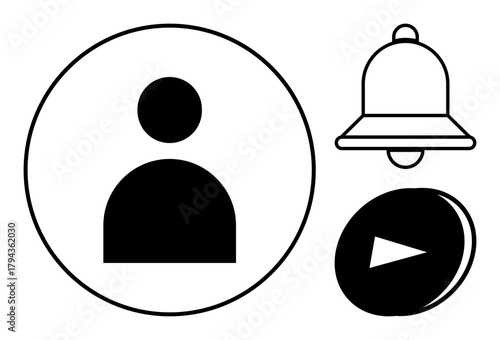 Black-and-white profile icon, notification bell, and play button represent user interaction and digital activity. Ideal for app design, user interface, alerts, streaming, content access