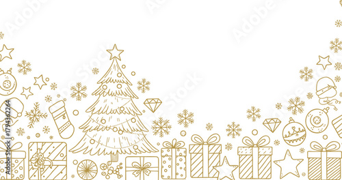 Golden Christmas tree with gifts and decorations, festive winter background with ornaments, stars, snowflakes, and holiday celebration elements illustration
