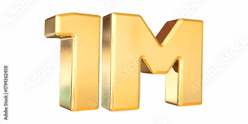 1m, 1m follower , 1m subscriber, 1m, 3d, sign, symbol, number, icon, text, metal, gold, illustration, letter, font, golden, shiny, design, metallic, concept, business,