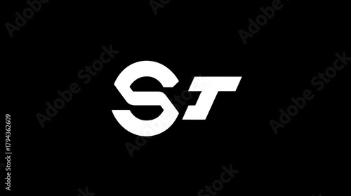 Stylized white 'ST' letters on black background, modern minimalist logo design, abstract monogram, typography graphic element