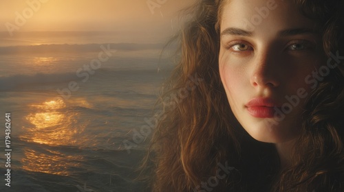 Fototapeta Naklejka Na Ścianę i Meble -  a beautiful woman s with long wavy brown hair and pink lips appearing above the sea at sunset, golden light reflecting on ocean waves, soft mist