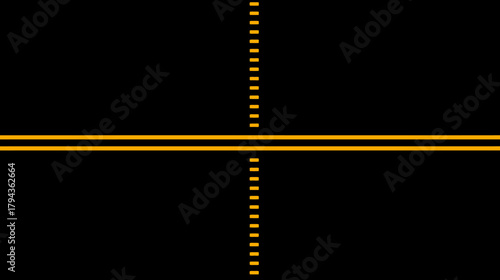 Futuristic abstract background with intersecting golden lines. Minimalist geometric design featuring solid horizontal and dashed vertical line on black.