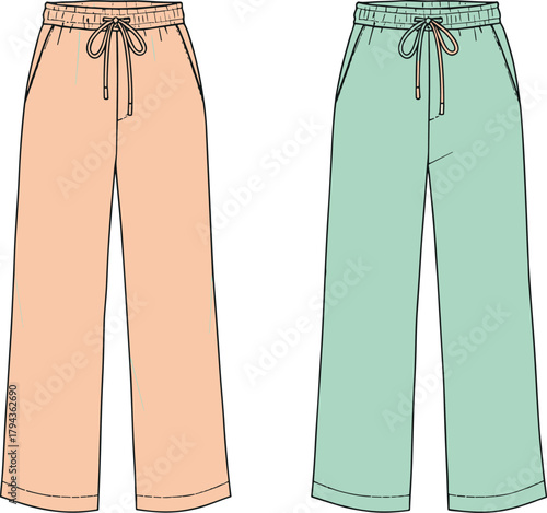 Peach and mint pants, casual style, elastic waist, drawstring bow, side pockets, fashion flat sketch, cad drawing, vector illustration