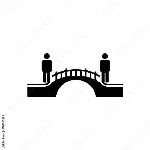 black and white line art design showing two human figures linked by a single-line bridge. Symbolizing charity as the essential link that overcomes divides, isolation, and connects givers