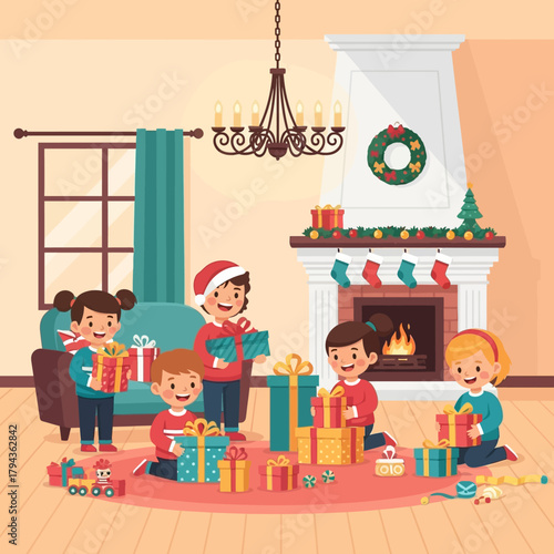 Children joyfully unboxing Christmas presents by a cozy fireplace, surrounded by festive decorations and holiday cheer.