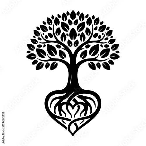 black and white symbol where tree roots form a nurturing heart shape, representing charity as a sustainable investment, life, and continuous growth. Ideal for International Day of Charity, environment