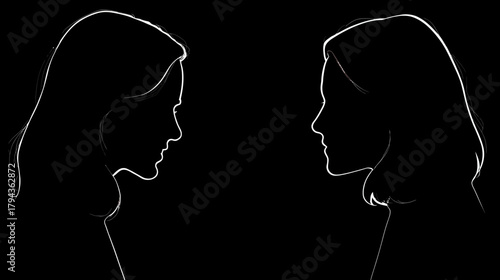 Two white outline female silhouettes in profile facing each other on a black background, symbolizing connection, communication, and duality.