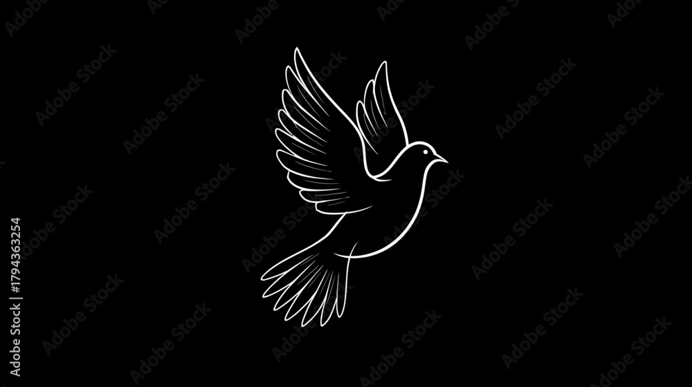 Obraz premium White outline dove flying on black background, symbol of peace, freedom, spirituality, hope, and purity
