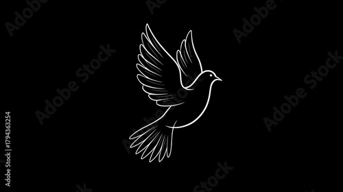 White outline dove flying on black background, symbol of peace, freedom, spirituality, hope, and purity