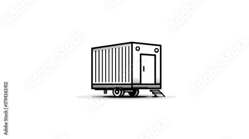 Line art illustration of a portable mobile office trailer. Simple icon for construction sites, temporary workplaces, or event facilities.