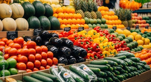 Fototapeta Naklejka Na Ścianę i Meble -  Vibrant display of fresh produce in a grocery store or market, featuring a variety of colorful fruits and vegetables arranged in neat rows, creating an inviting shopping experience.