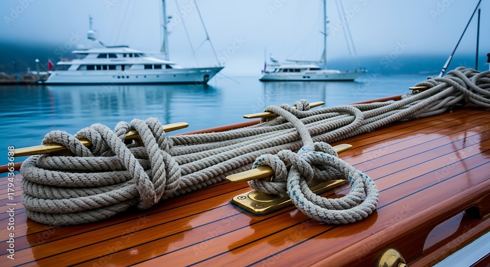 Obraz premium Thick nautical rope tied securely on a wooden boat deck