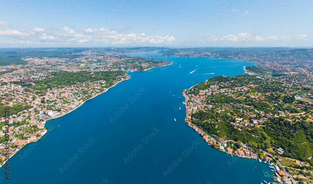 Fototapeta premium Istanbul, Turkey. Bosphorus maritime corridor between continents - breathtaking summer drone panorama. Aerial view