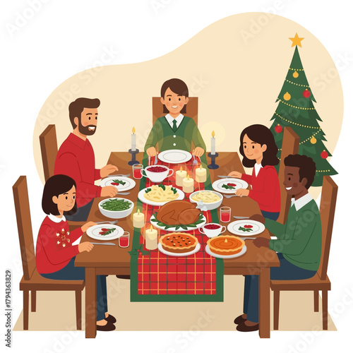 A diverse family happily gathers around a festive Christmas dinner table, enjoying a traditional holiday meal with a decorated tree.