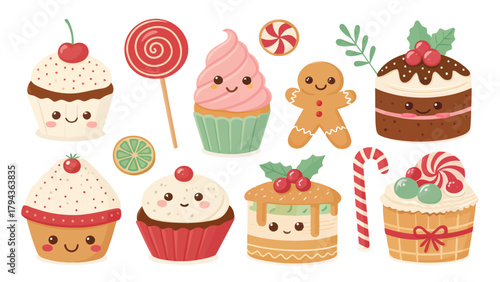Illustration of various cute sweets including cupcakes, candies, and a gingerbread man character